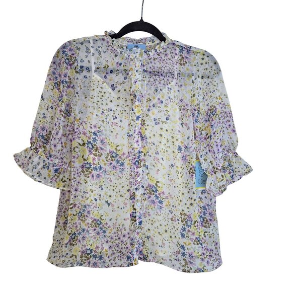 CeCe Women's Floral Ruffled Sleeve Button-up Blouse. Small - Picture 5 of 5